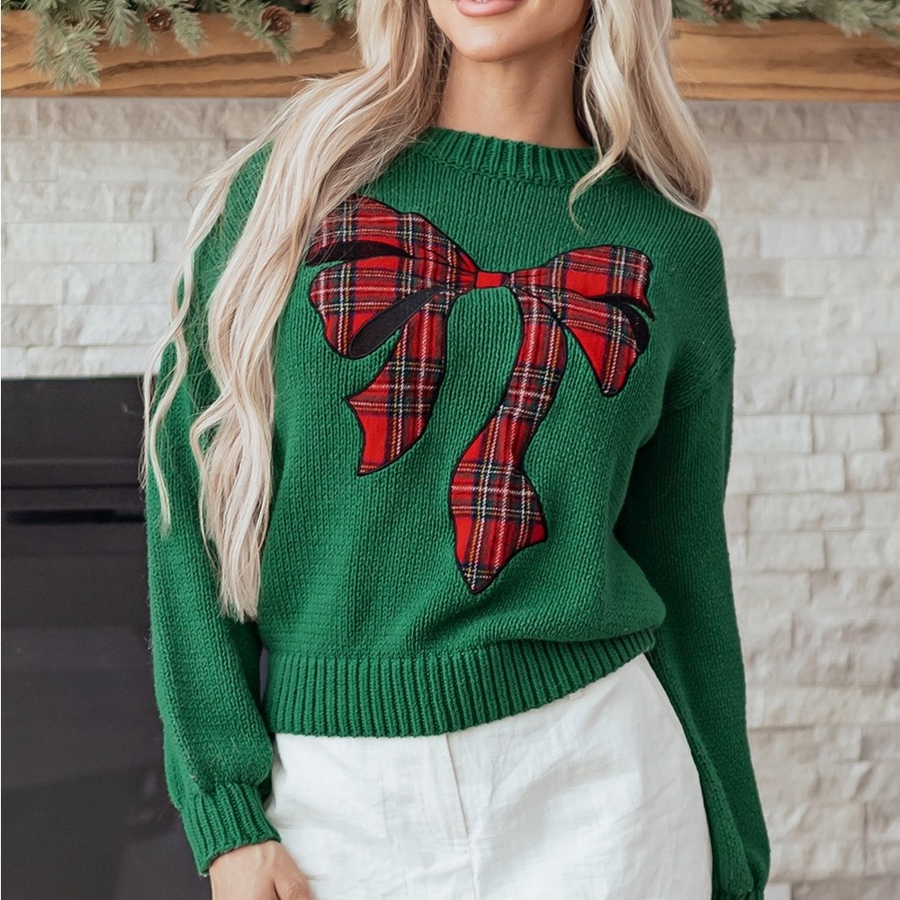 Green Sweater with Red Plaid Bow